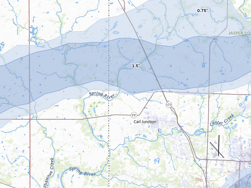 NEXRAD radar-signature map of the hail storm over Carl Junction, MO on Apr 28, 2026