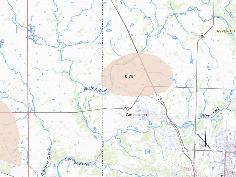 Radar-estimated hail-size map of the storm over Carl Junction, MO on Jun 26, 2026