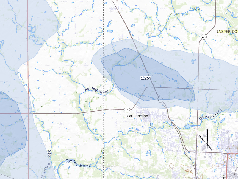 NEXRAD radar-signature map of the hail storm over Carl Junction, MO on Jun 26, 2026