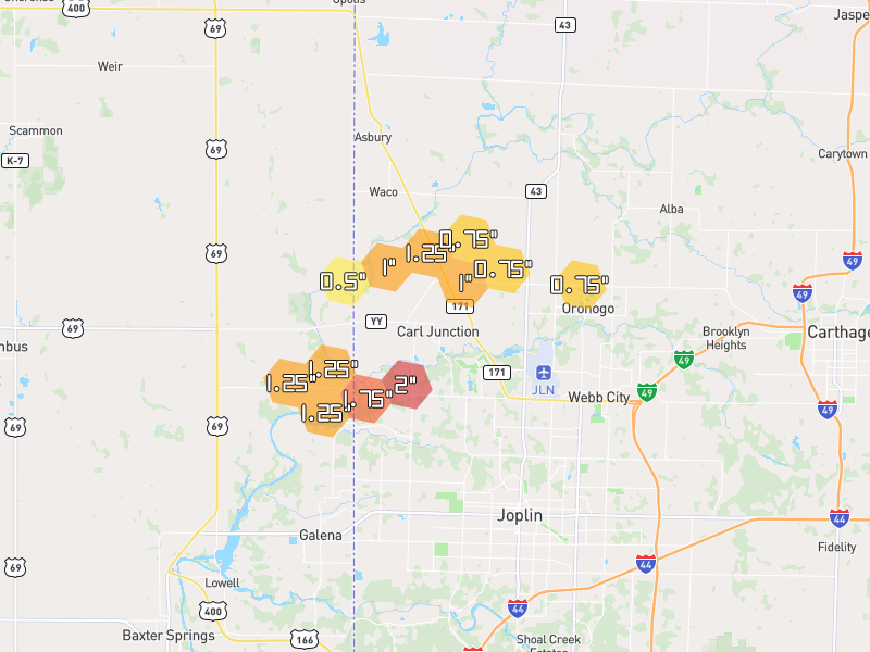 Hail map of Carl Junction, MO on Jun 26, 2026, hail up to 2"