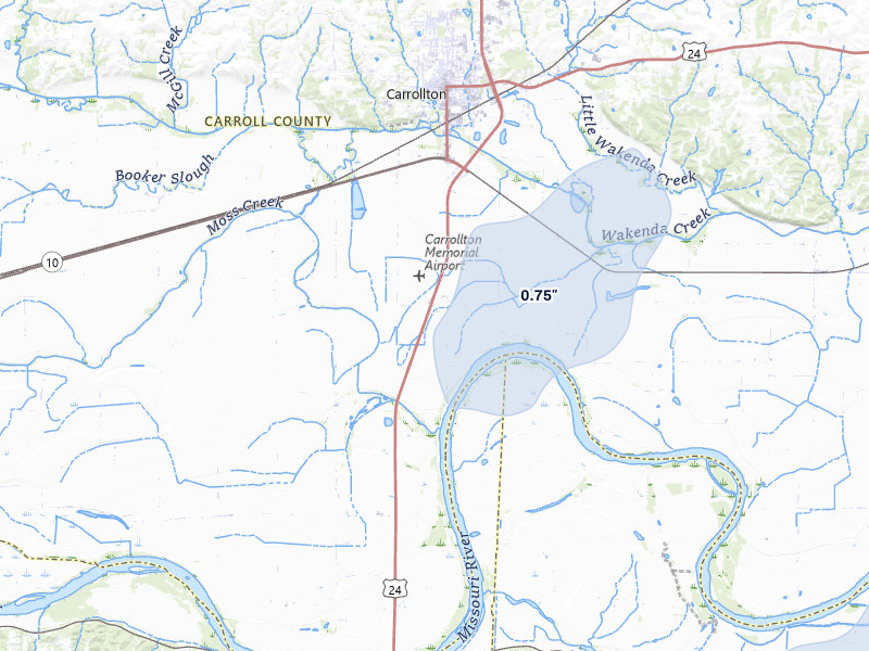 NEXRAD radar-signature map of the hail over Carrollton, MO