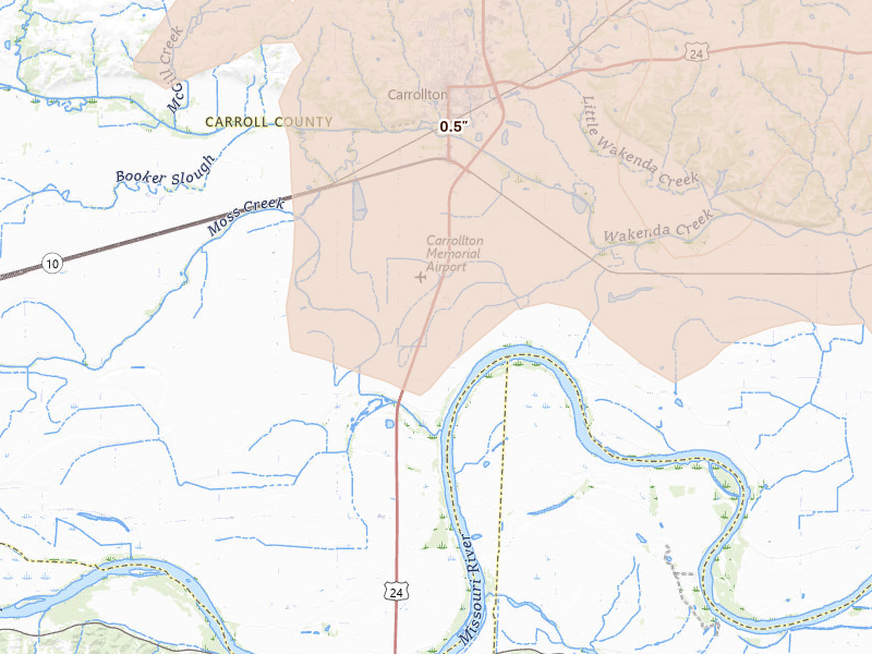 Radar-estimated hail-size map of the storm over Carrollton, MO on Apr 26, 2026