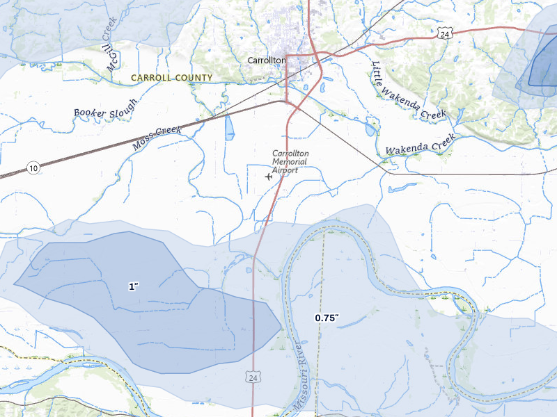 NEXRAD radar-signature map of the hail over Carrollton, MO