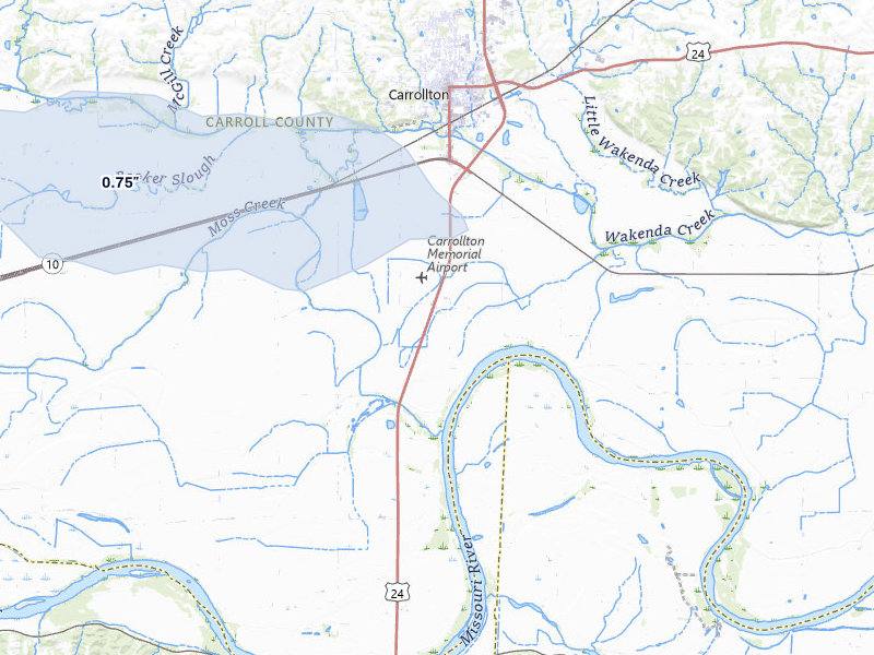 NEXRAD radar-signature map of the hail storm over Carrollton, MO on May 4, 2026