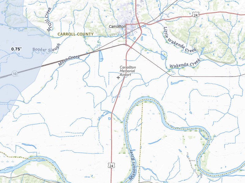 NEXRAD radar-signature map of the hail storm over Carrollton, MO on May 31, 2026