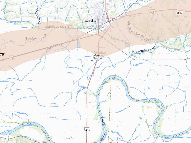 Radar-estimated hail-size map of the storm over Carrollton, MO on Jun 11, 2026