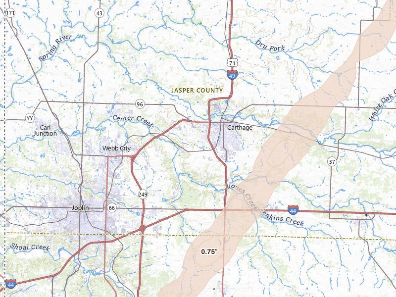 Radar-estimated hail-size map of the storm over Carthage, MO on Mar 6, 2026