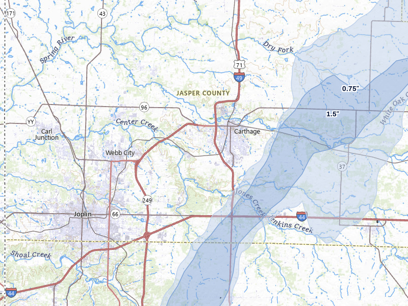 NEXRAD radar-signature map of the hail storm over Carthage, MO on Mar 6, 2026