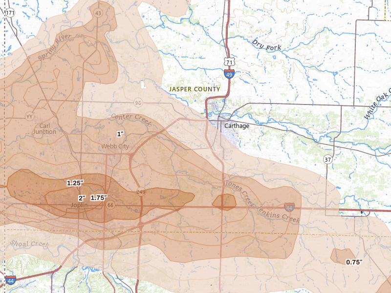 Radar-estimated hail-size map of the storm over Carthage, MO on Apr 26, 2026