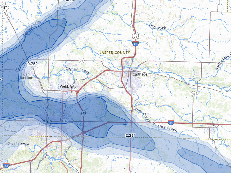 NEXRAD radar-signature map of the hail over Carthage, MO