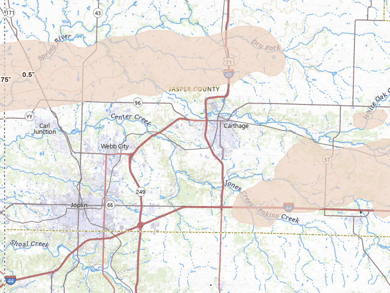 Radar-estimated hail-size map of the storm over Carthage, MO on Apr 28, 2026