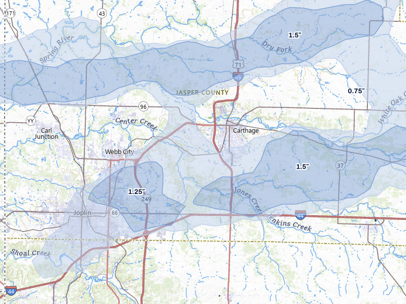 NEXRAD radar-signature map of the hail storm over Carthage, MO on Apr 28, 2026