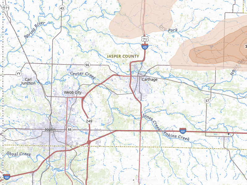 Radar-estimated hail-size map of the storm over Carthage, MO on May 30, 2026