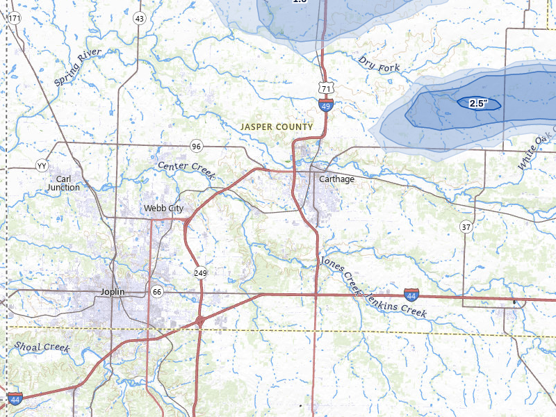 NEXRAD radar-signature map of the hail storm over Carthage, MO on May 30, 2026