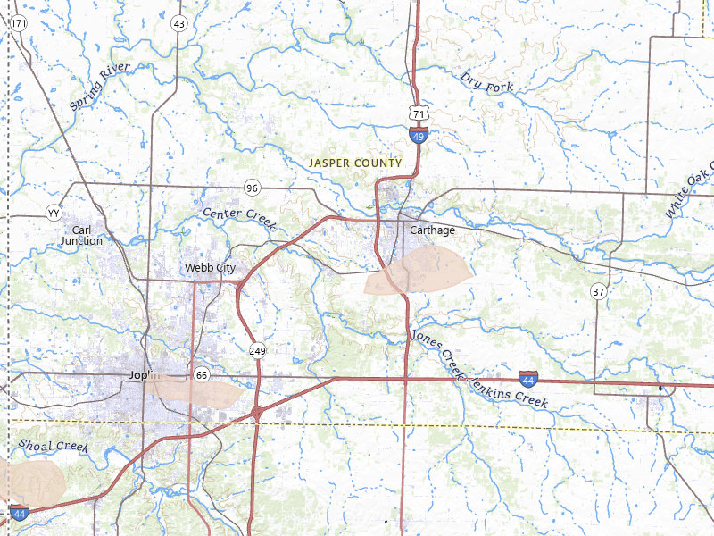 Radar-estimated hail-size map of the storm over Carthage, MO on Jun 11, 2026