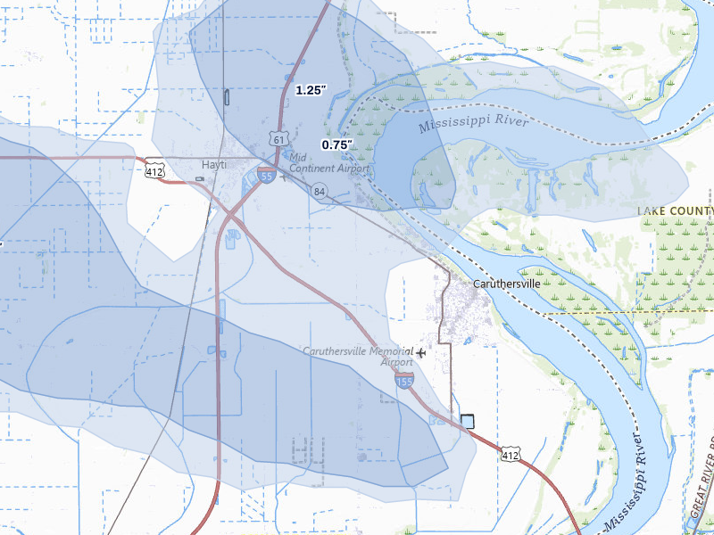 NEXRAD radar-signature map of the hail over Caruthersville, MO