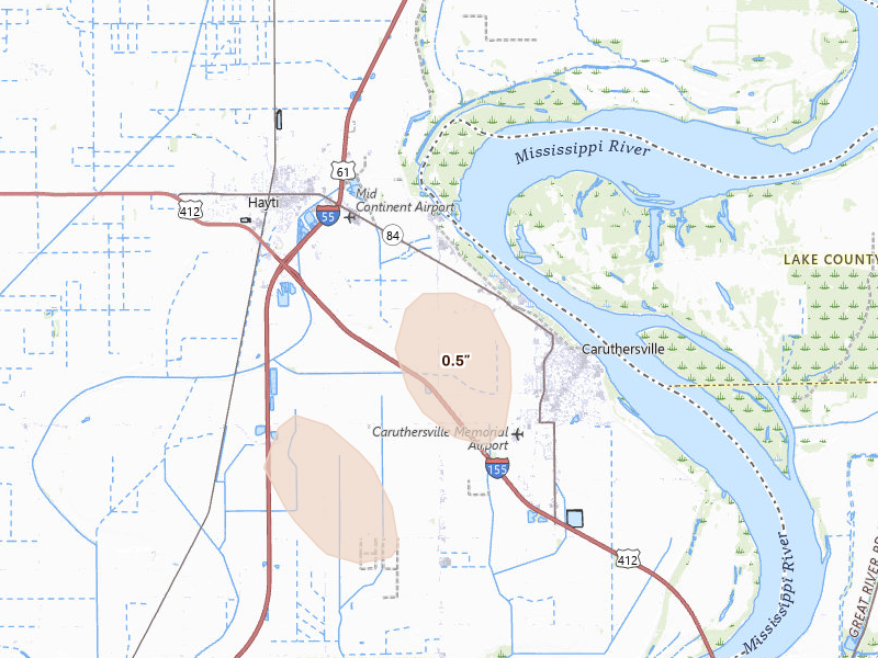 Radar-estimated hail-size map of the storm over Caruthersville, MO on Apr 26, 2026