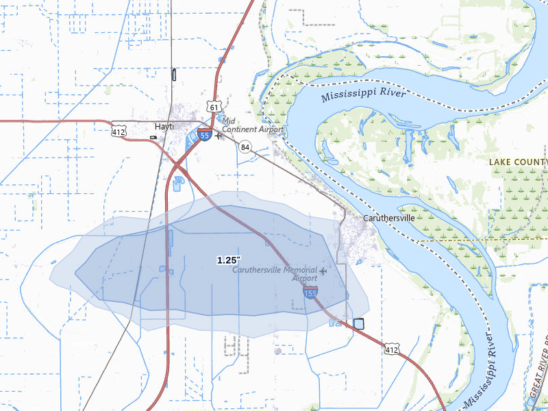 NEXRAD radar-signature map of the hail over Caruthersville, MO
