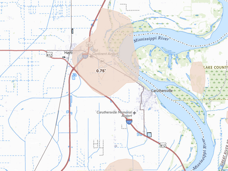 Radar-estimated hail-size map of the storm over Caruthersville, MO on Jul 9, 2026