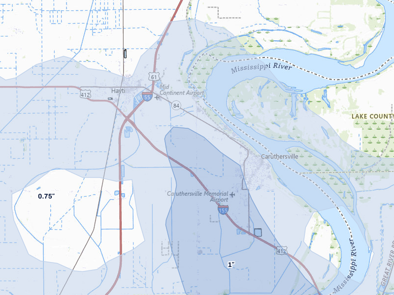NEXRAD radar-signature map of the hail storm over Caruthersville, MO on Jul 9, 2026