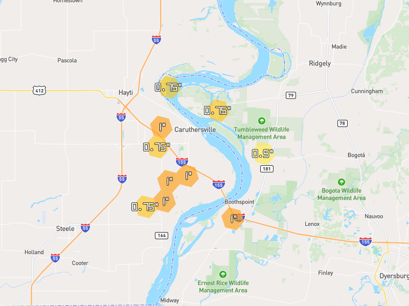Hail map of Caruthersville, MO on Jul 10, 2026, hail up to 1"
