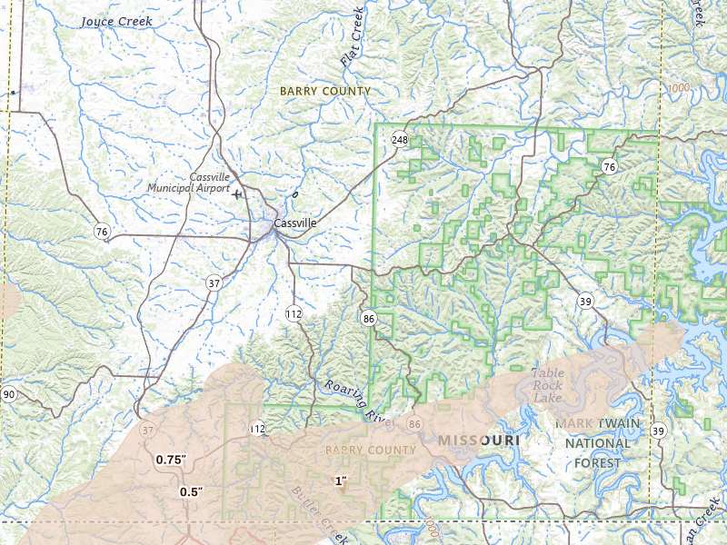 Radar-estimated hail-size map of the storm over Cassville, MO on Mar 4, 2026