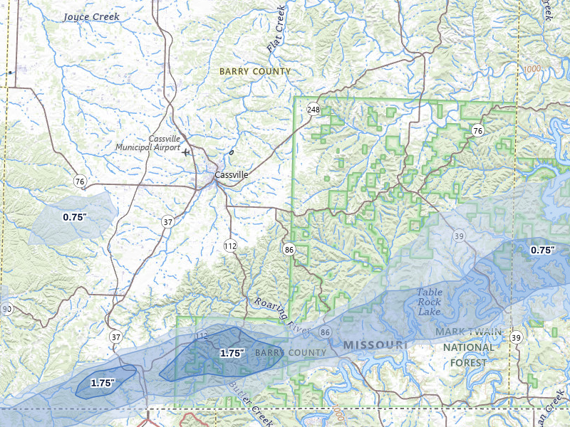 NEXRAD radar-signature map of the hail storm over Cassville, MO on Mar 4, 2026
