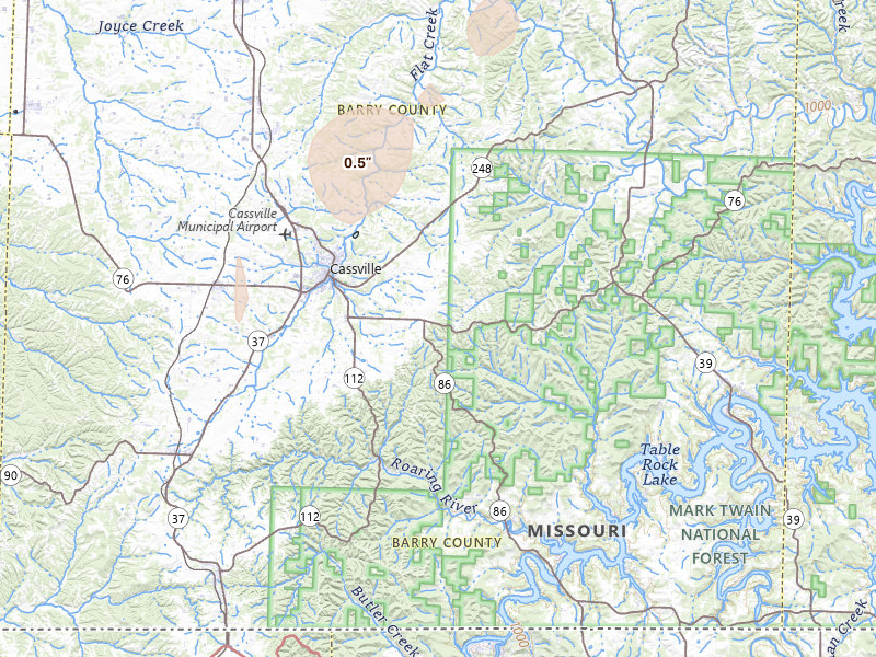 Radar-estimated hail-size map of the storm over Cassville, MO on Mar 6, 2026