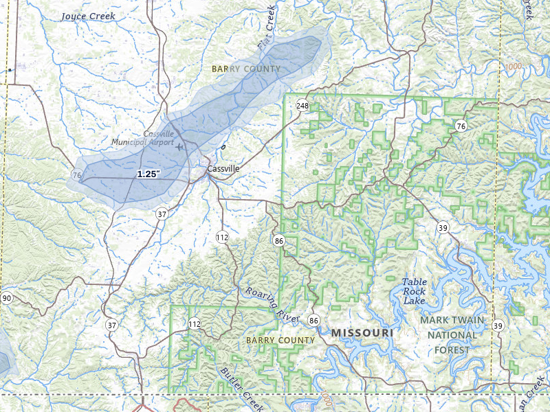 NEXRAD radar-signature map of the hail storm over Cassville, MO on Mar 6, 2026