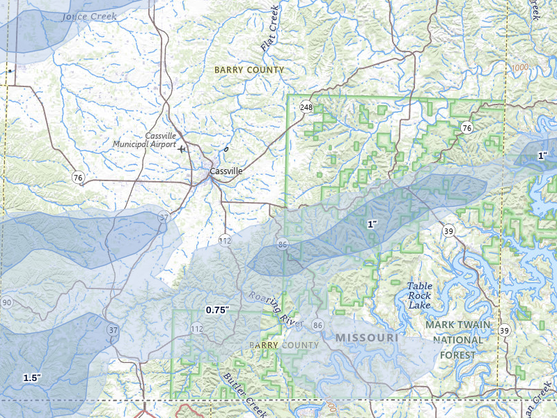 NEXRAD radar-signature map of the hail over Cassville, MO