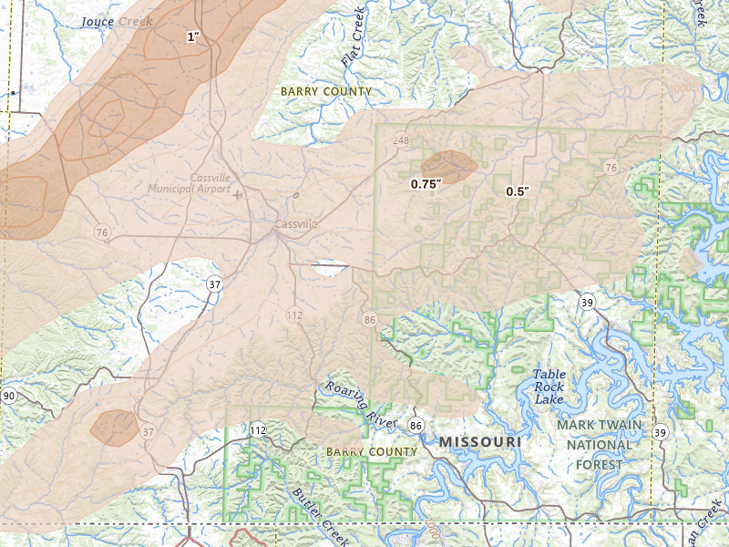 Radar-estimated hail-size map of the storm over Cassville, MO on Apr 28, 2026