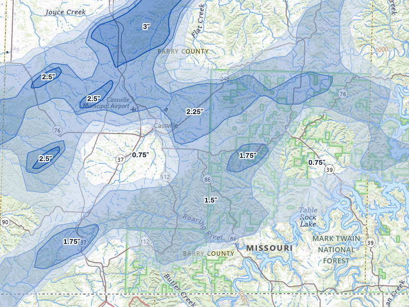 NEXRAD radar-signature map of the hail storm over Cassville, MO on Apr 28, 2026