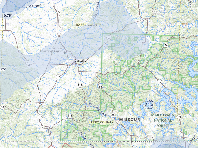 NEXRAD radar-signature map of the hail over Cassville, MO