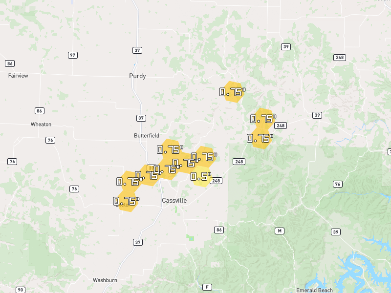 Hail map of Cassville, MO on Jul 5, 2026, hail up to 0.75"