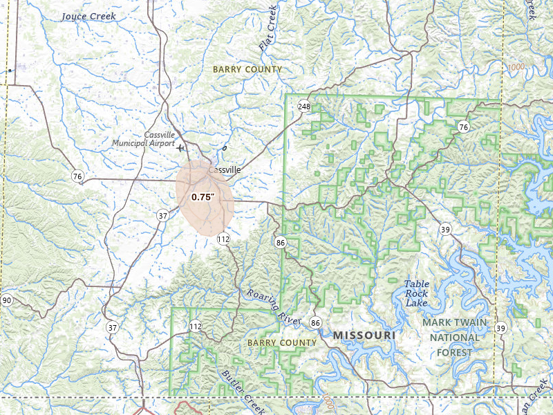 Radar-estimated hail-size map of the storm over Cassville, MO on Jul 29, 2026