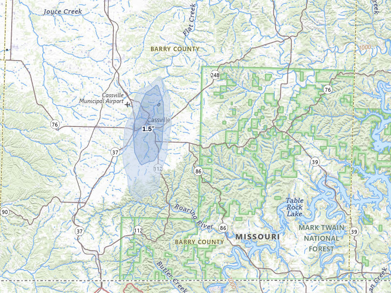 NEXRAD radar-signature map of the hail storm over Cassville, MO on Jul 29, 2026