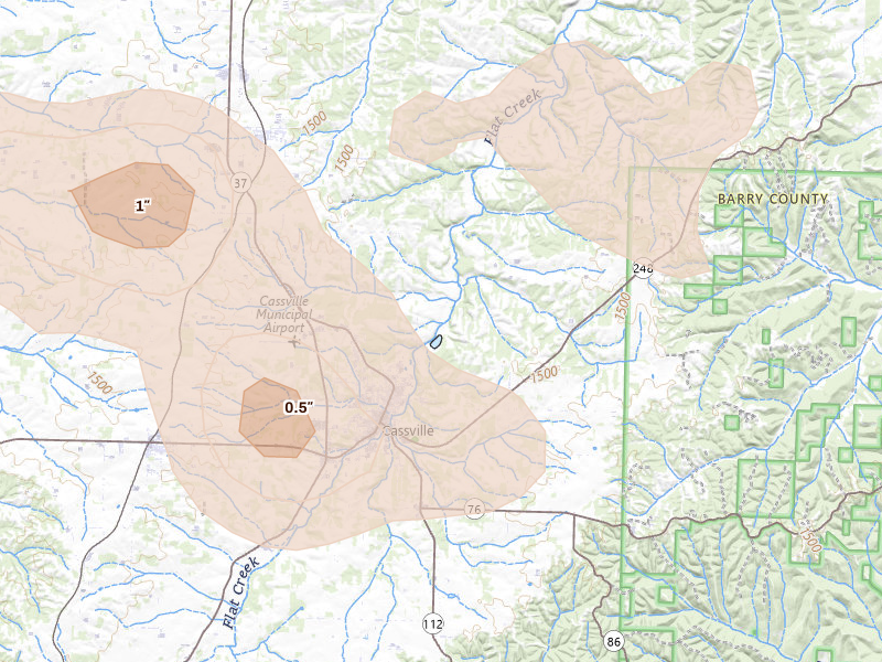 Radar-estimated hail-size map of the storm over Cassville, MO on Aug 6, 2026