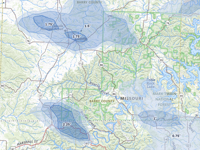 NEXRAD radar-signature map of the hail storm over Cassville, MO on Aug 6, 2026