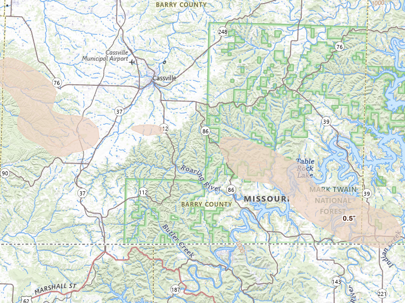 Radar-estimated hail-size map of the storm over Cassville, MO on Aug 22, 2026