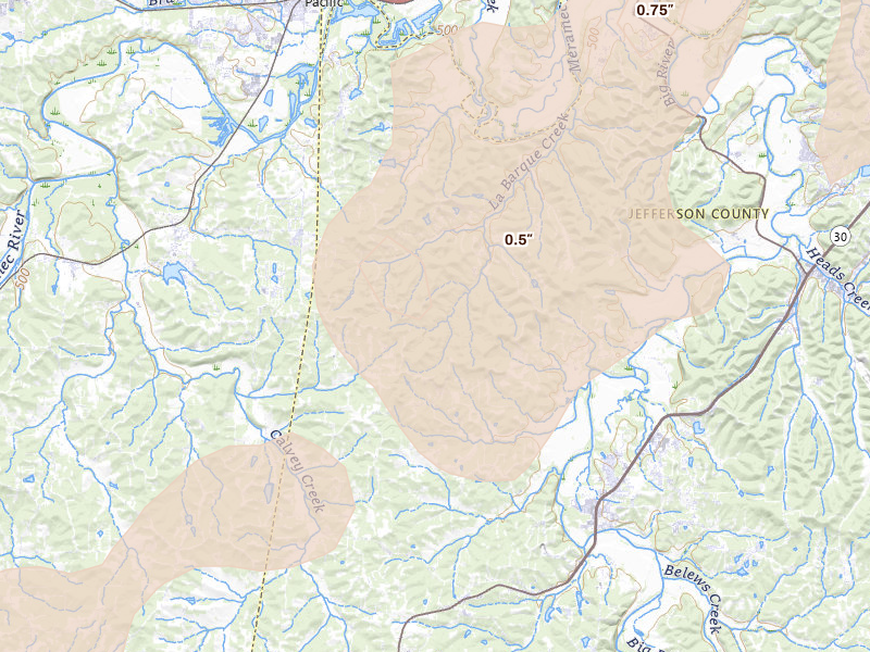 Radar-estimated hail-size map of the storm over Catawissa, MO on Apr 26, 2026