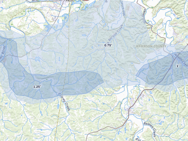 NEXRAD radar-signature map of the hail storm over Catawissa, MO on May 18, 2026