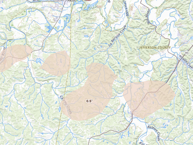 Radar-estimated hail-size map of the storm over Catawissa, MO on Jun 11, 2026