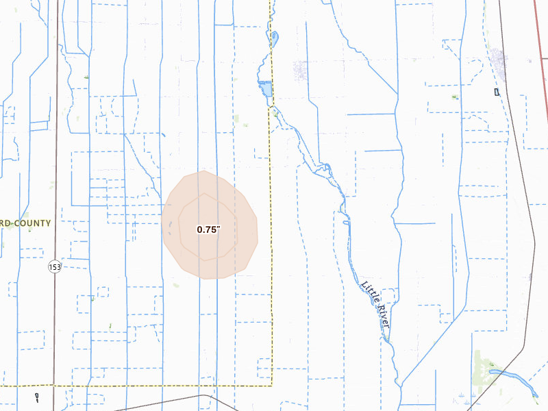 Radar-estimated hail-size map of the storm over Catron, MO on Aug 7, 2026
