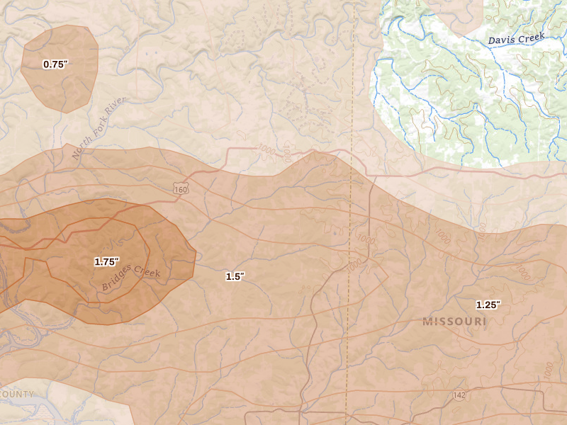 Radar-estimated hail-size map of the storm over Caulfield, MO on Apr 27, 2026
