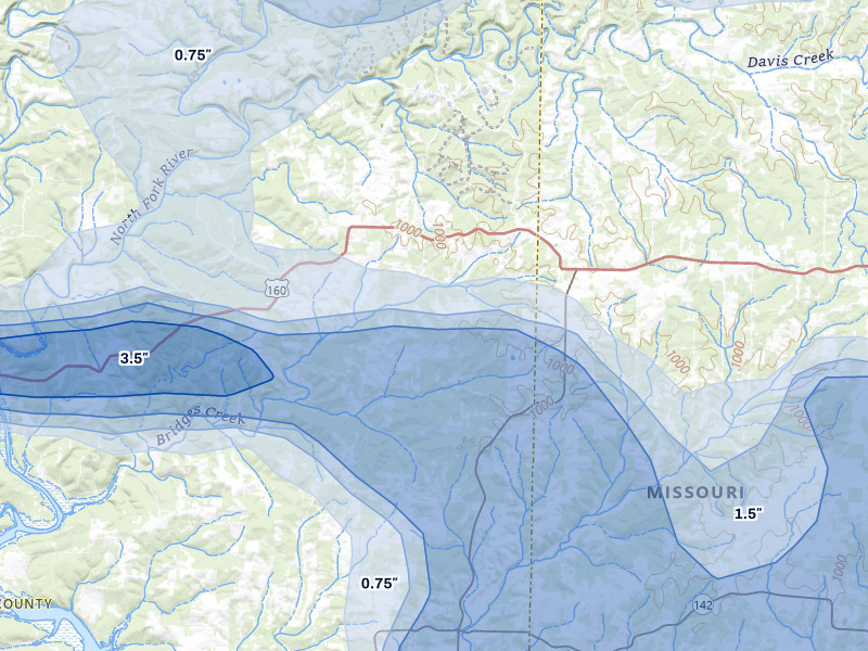 NEXRAD radar-signature map of the hail storm over Caulfield, MO on Apr 27, 2026
