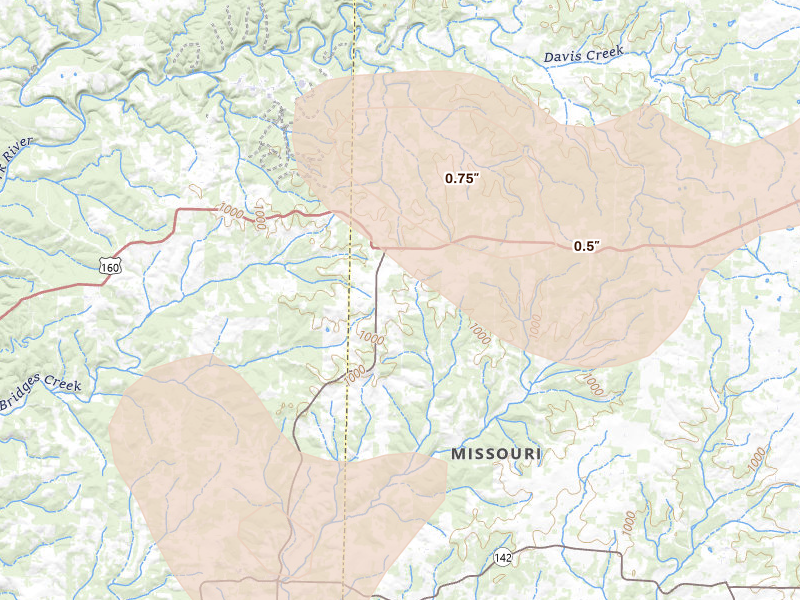 Radar-estimated hail-size map of the storm over Caulfield, MO on Aug 26, 2026