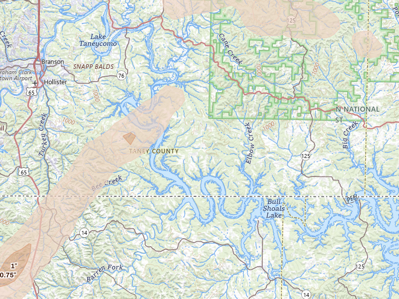 Radar-estimated hail-size map of the storm over Cedarcreek, MO on May 30, 2026