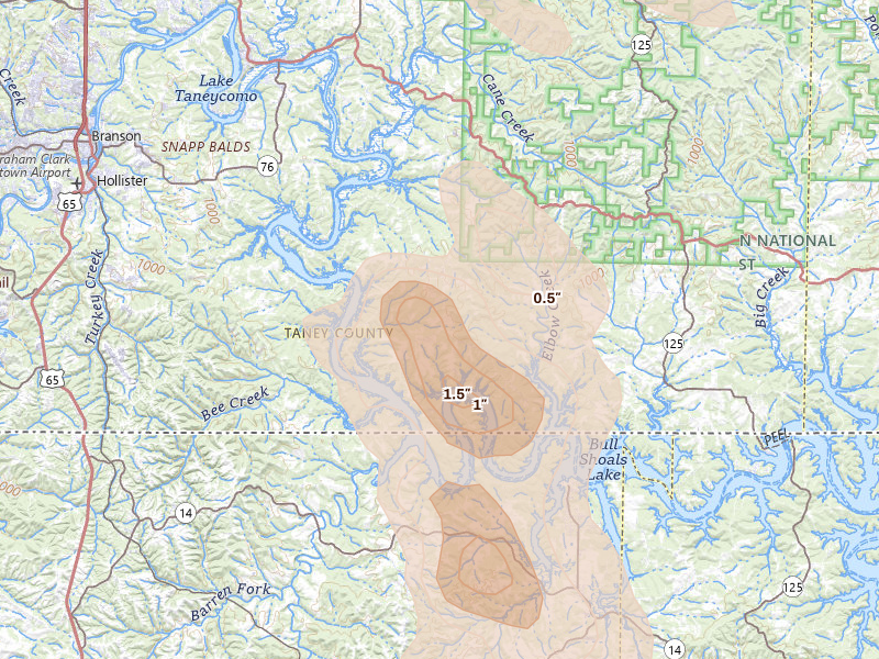 Radar-estimated hail-size map of the storm over Cedarcreek, MO on Jun 1, 2026