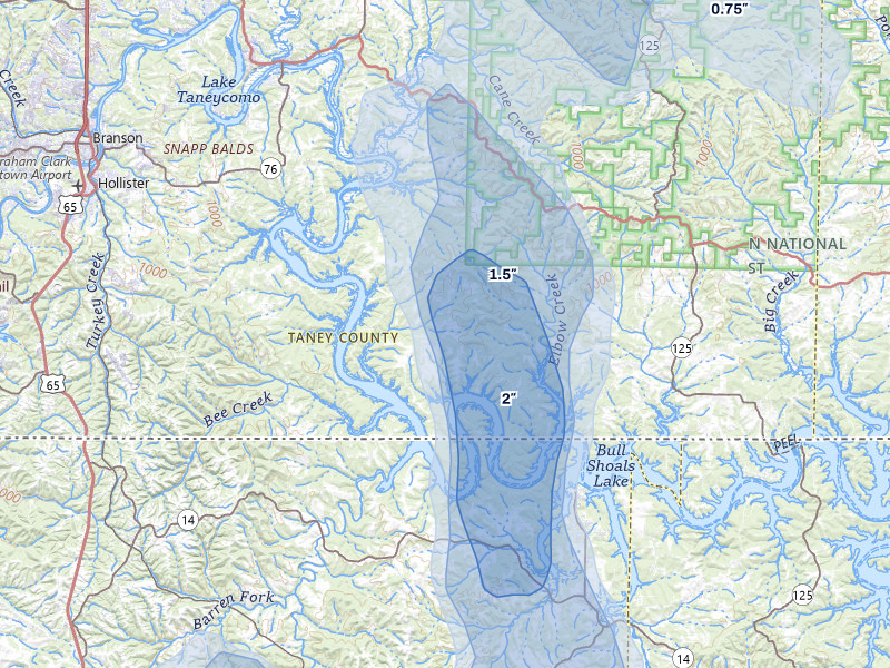 NEXRAD radar-signature map of the hail storm over Cedarcreek, MO on Jun 1, 2026