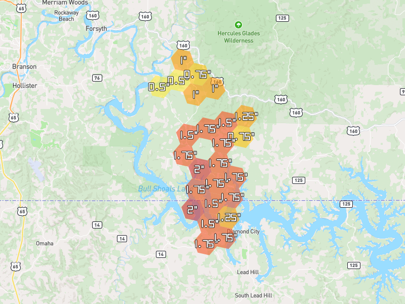 Hail map of Cedarcreek, MO on Jun 1, 2026, hail up to 2"